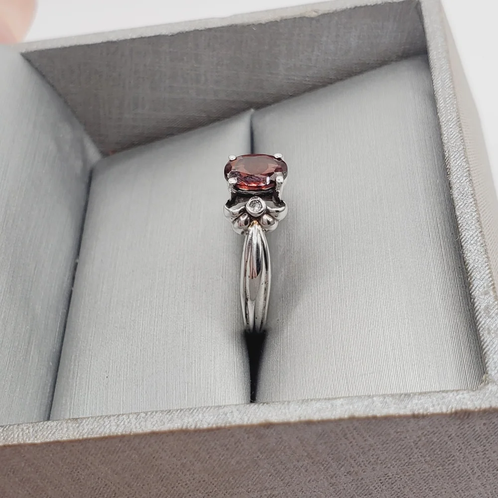 Genuine Oval Garnet & White Topaz 925 Sterling Silver Ring